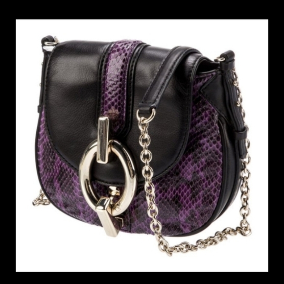 Diane Von Furstenberg Handbags - Diane von Furstenberg Black Leather Purple Snakeskin Crossbody Bag Silver Buckle
